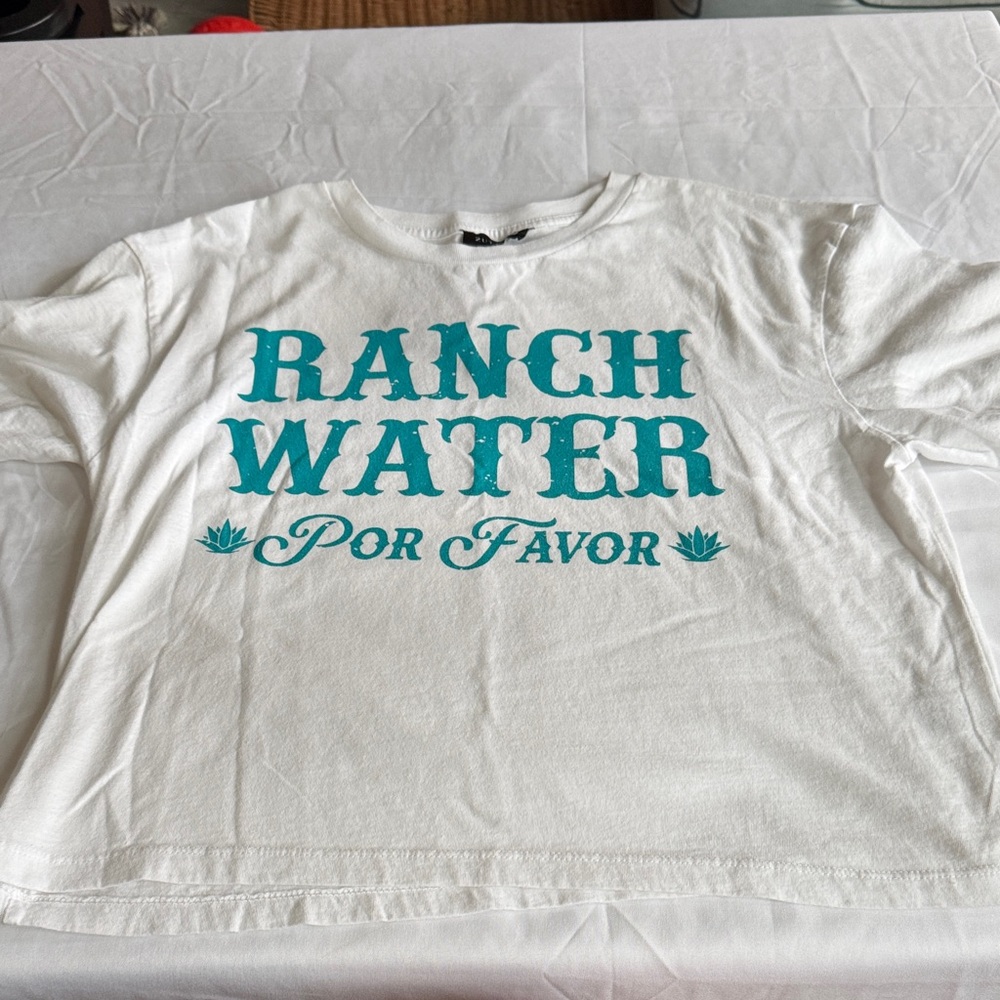 White Crop Top with Teal "Ranch Water Por Favor" Graphic